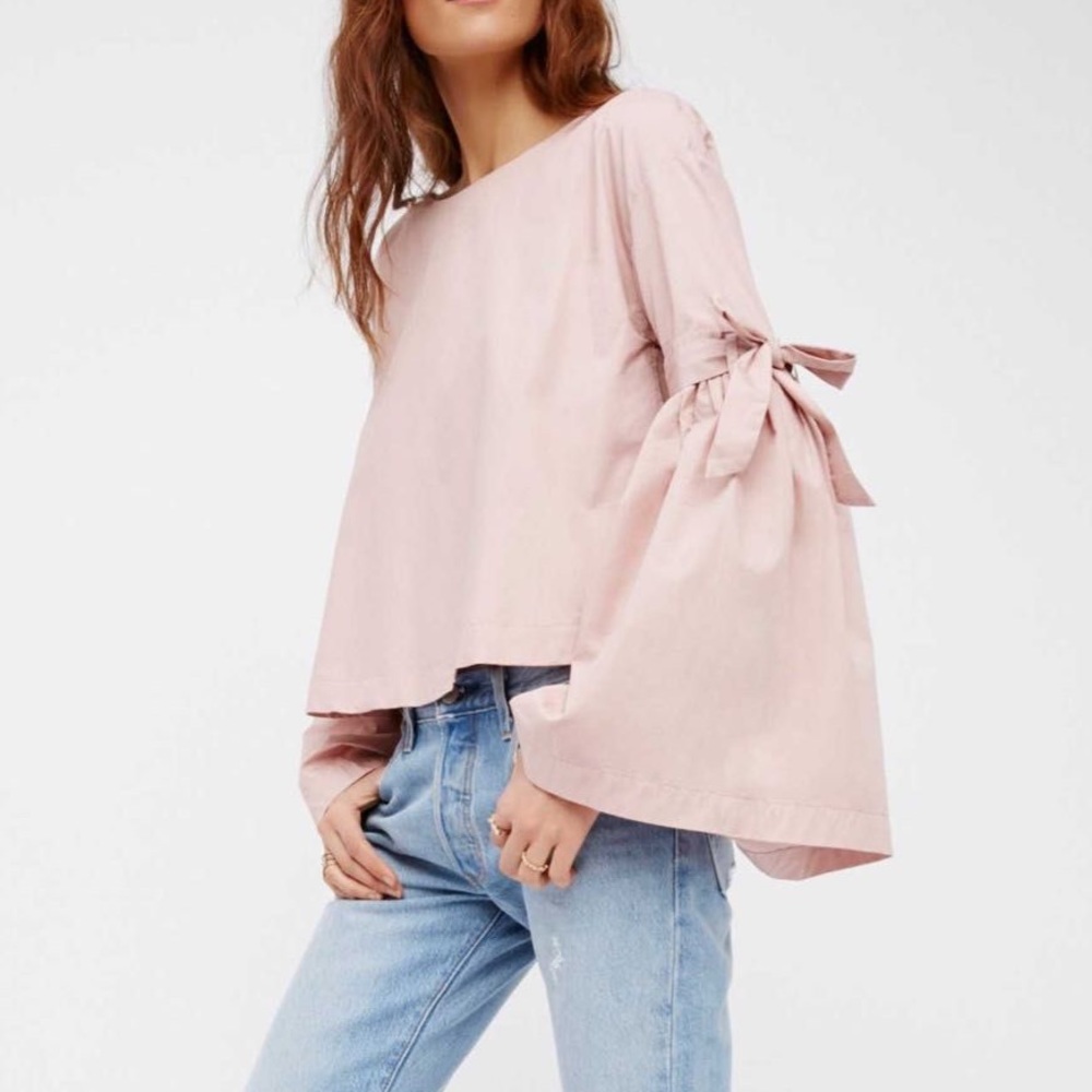 Free People Dusty Pink Bell Sleeve Tie Blouse